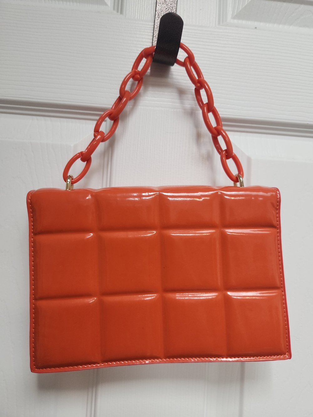 Glossy Quilted Orange Shoulder Bag with Chunky Chain